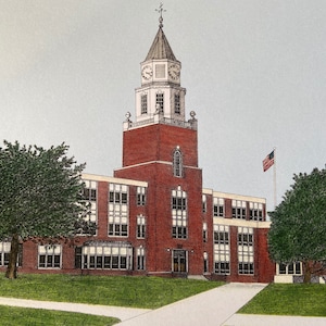 May include: A red brick building with a white clock tower and a flagpole with an American flag. The building has many windows and a large entrance.