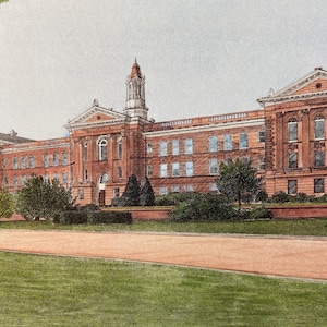 May include: A vintage illustration of a large brick building with a central tower and many windows. The building is surrounded by green grass and trees.