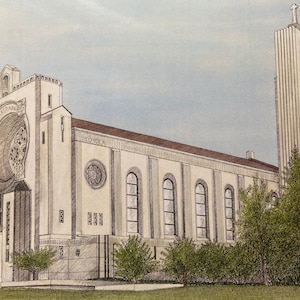 May include: A black and white drawing of a large church building with a tall steeple. The church has a large round window with intricate details and the word "LOYOLA" written above it.
