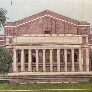 May include: A black and white drawing of a large brick building with a white stone facade. The building has a large arched entrance and a series of columns. The text "Cyrus Northrop Memorial Auditorium" is inscribed above the entrance.