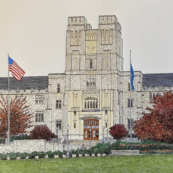 Virginia Tech, Hokies, Burress Hall, Blacksburg, Virginia, Diploma Art, Graduation Gift, Signed Print, Michael Kent, Campus Art