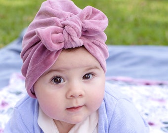 Turbante de bebé de terciopelo, turbante de bebé rosa polvoriento, turbantes de mamá y yo, sombrero de turbante recién nacido, regalo de niña, traje de primer cumpleaños niña