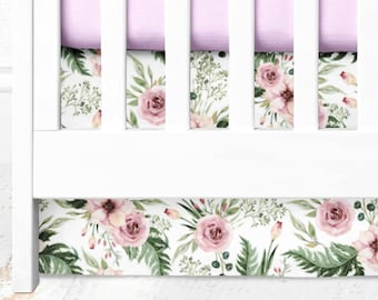 Watercolor flowers crib skirt ~ Flat panel crib skirt ~ Floral crib skirt ~ Pink cot skirt ~ Baby girl crib bedding set ~ Baby girl nursery