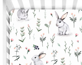 Sábanas de cuna de conejito, ropa de cama de cuna de conejito ~ Ropa de cama de cuna de conejito ~ Ropa de cama de bebé de género neutro ~ Sábanas de cuna de bebé ~ Guardería Woodland