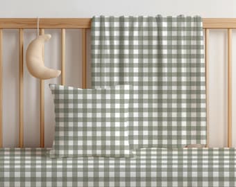 Juego de ropa de cama para cuna con cuadros verdes salvia, ropa de cama sureña para guardería, juego de cuna para bebé niño, regalo para baby shower de cuadros vichy, sábanas de cuna a cuadros