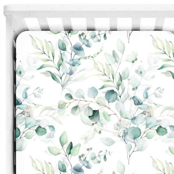 Watercolor eucalyptus crib sheet, Leafy baby sheet, Mint Fitted crib sheet, Neutral nursery bedding, Mini Crib sheets, Greenery baby shower
