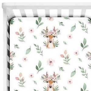 Floral crib sheet~ Crib sheets girl ~ Floral antler crib bedding ~ Deer fitted crib sheet ~  Baby fitted sheets Cot sheet Deer head nursery