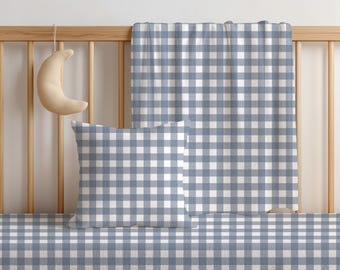 Juego de ropa de cama para cuna con cuadros de búfalo azul, ropa de cama para guardería sureña, juego de cuna para bebé niño, regalo para baby shower de cuadros vichy