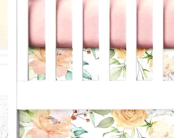 Watercolor flowers crib skirt ~ Flat panel crib skirt ~ Floral crib skirt ~ Peach cot skirt ~ Baby girl crib bedding set ~ Baby girl nursery