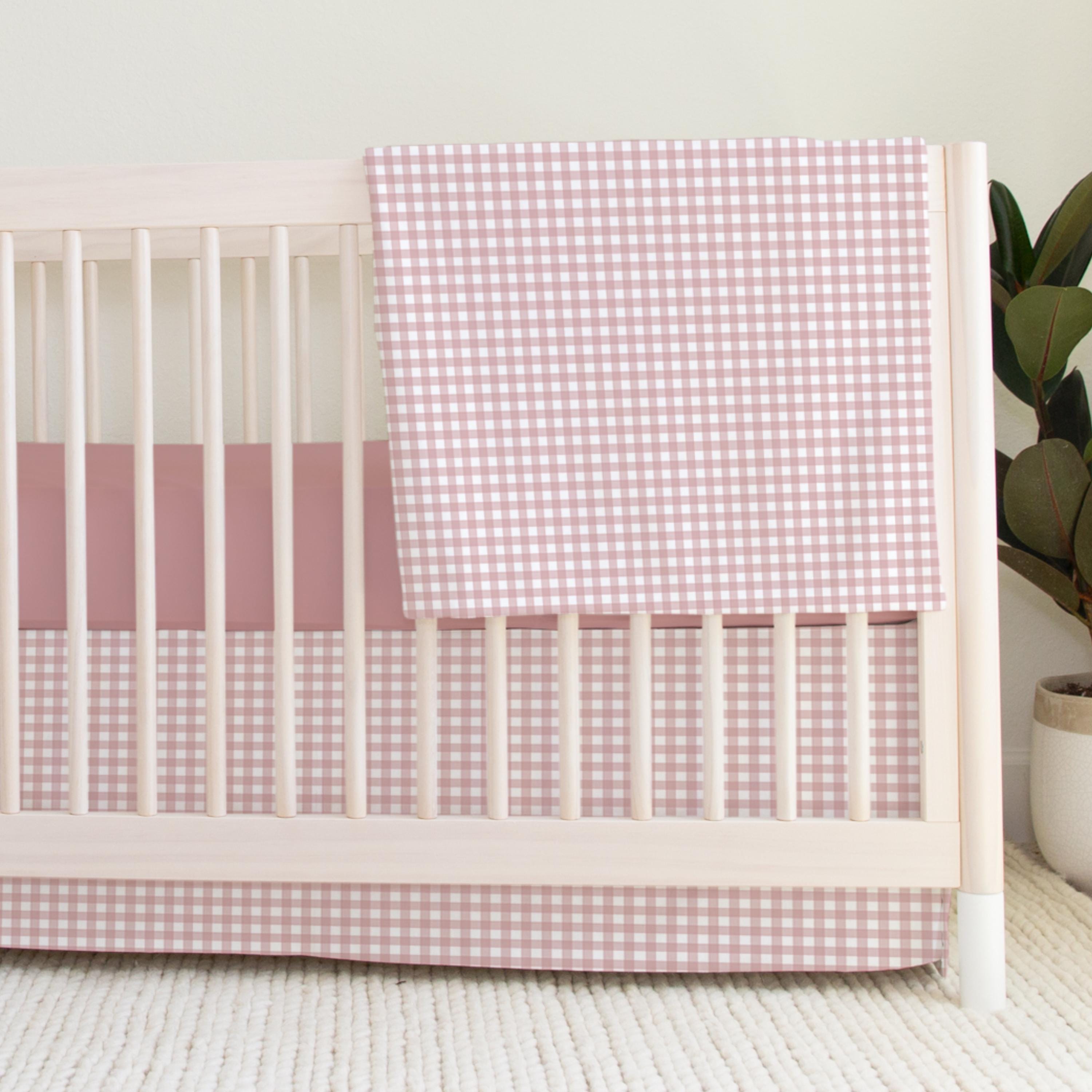 Dusty Pink Gingham Crib Skirt, Cotton Baby Bed Skirt, Dust Ruffle, Baby