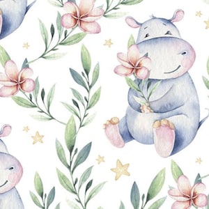 Hippo Kinderbett Bettwäsche, Baby Mädchen Krippe Bettwäsche Set, Hippo Baby Bettwäsche Set, Hippo Kinderzimmer Bettwäsche, Floral Krippe Blätter, Hippo Baby-Duschegeschenk