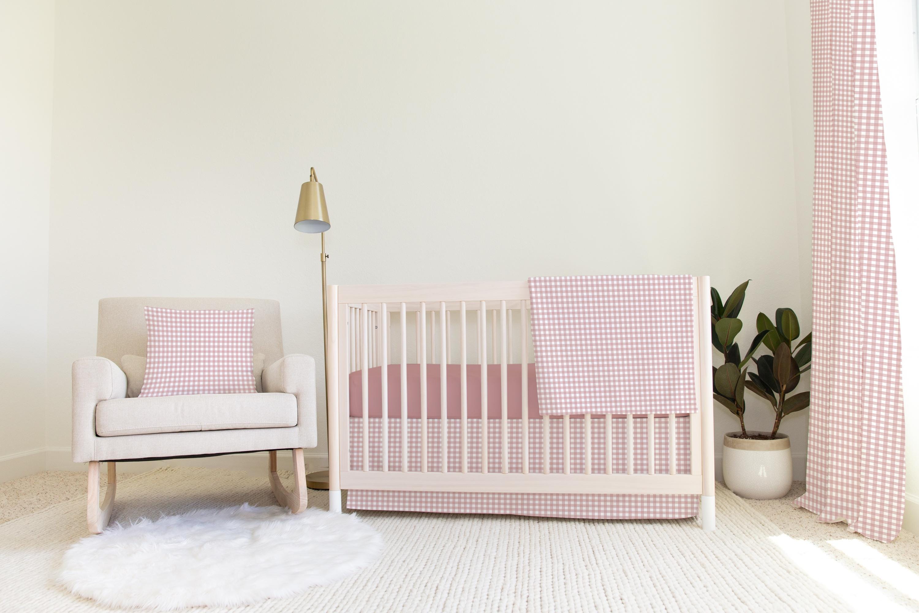 Dusty Pink Gingham Crib Skirt, Cotton Baby Bed Skirt, Dust Ruffle, Baby