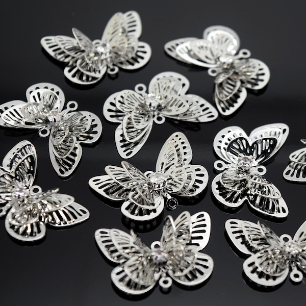 10 x connecteurs papillon en filigrane avec strass 23 mm pour la fabrication de bijoux et d'accroche-soleil - Plaqué argent antique