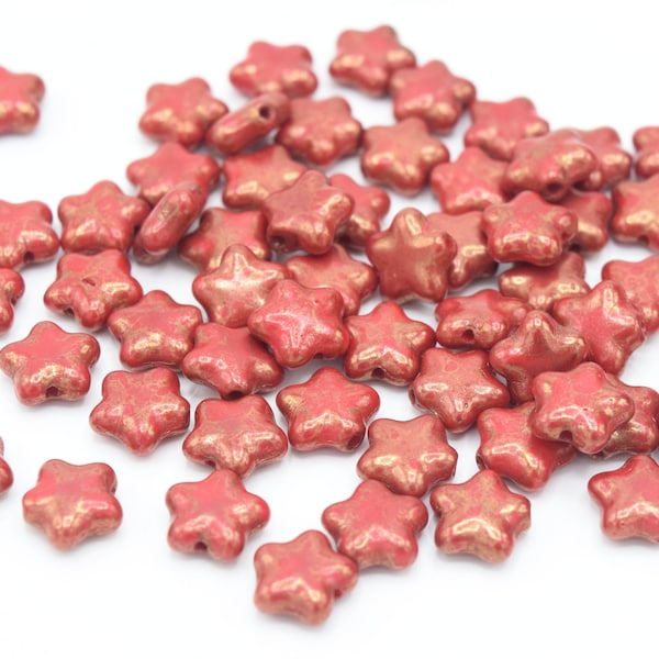 Czech Pressed Glass Star Beads for Jewellery Making 8mm (30pcs) - Red / Gold Speckle