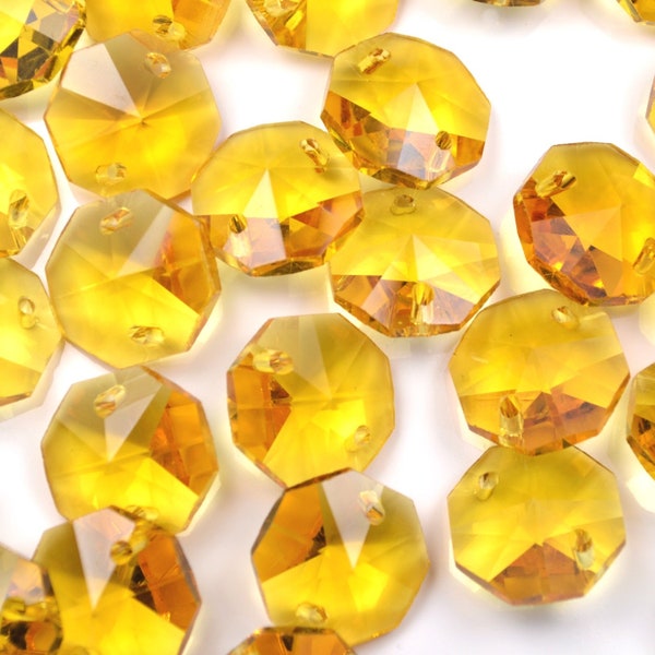 50 x Octagon Glass Sun-catcher Chandelier Beads 14mm Yellow