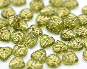 Czech Pressed Glass Leaf Beads for Jewellery Making 9mm (50pcs) - Olivine / Metallic Gold