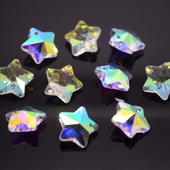 10 X CRYSTAL 14MM FACETED GLASS STAR JEWELLERY MAKING PENDANTS JET 
