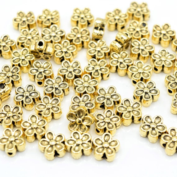 100 x Brass Alloy Flower Beads for Jewellery Making 7x7x3.5mm - Antique Gold