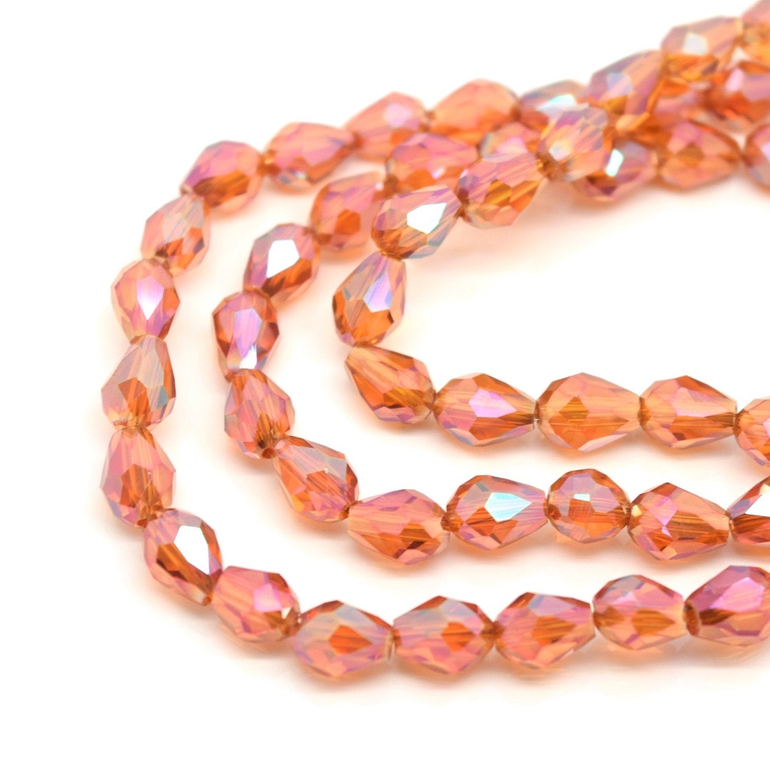 70 X Faceted Teardrop Glass Beads for Jewellery Making 5x7mm Orange AB ...