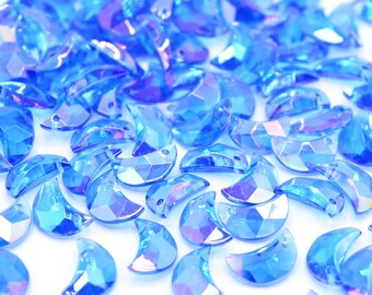 50 x Faceted Acrylic Moon Pendants 11x7mm for Jewellery Making - Sapphire AB