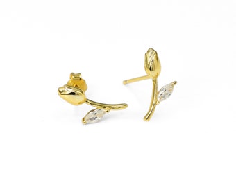 Rose Bud Flower Zirconia Stud Earrings 925 Sterling Silver 18k Gold Plated Jewellery