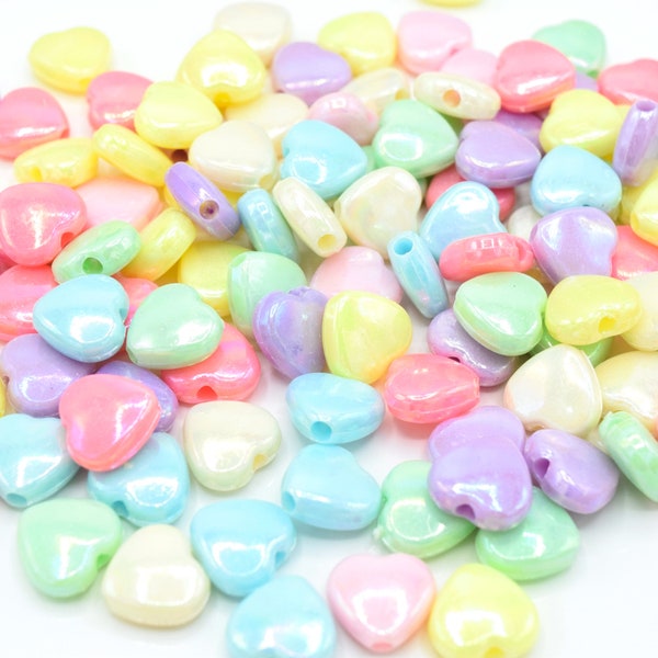 150 x Pastel opaque AB Perles de cœur en acrylique pour la fabrication de bijoux 11x11mm - Mixte