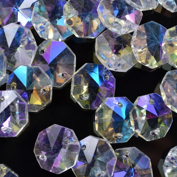 50 x Octagon Glass Sun-catcher Chandelier Beads 14mm Clear AB