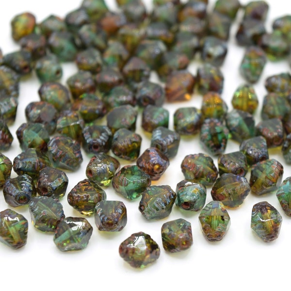 Czech Faceted Glass Bicone Bols Beads for Jewellery Making 8x6mm (30pcs) - Green / Topaz / Picasso