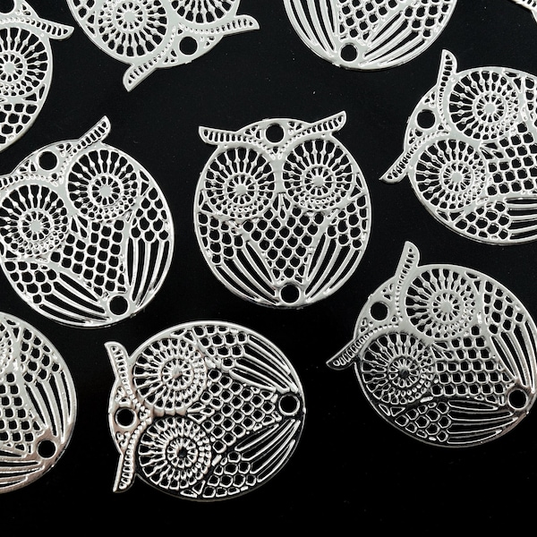 5 x connecteurs Filigree Brass Owl pour bijoux et capture de soleil 19x18mm - Plaqué argent