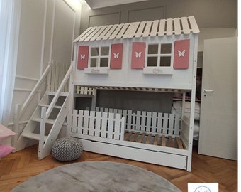 Letto a castello di lusso per bambini, letto a casetta in legno, letto a soppalco Montessori, mobili per cameretta per bambini realizzati a mano da Dream Beds.