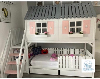Stapelbed voor kinderen, hoogslaper, speelhuisje, stapelbed, kinderbed, peuterbed, kinderbed, tweepersoonsbed, stapelbed met opbergruimte, boomhut, bedframe