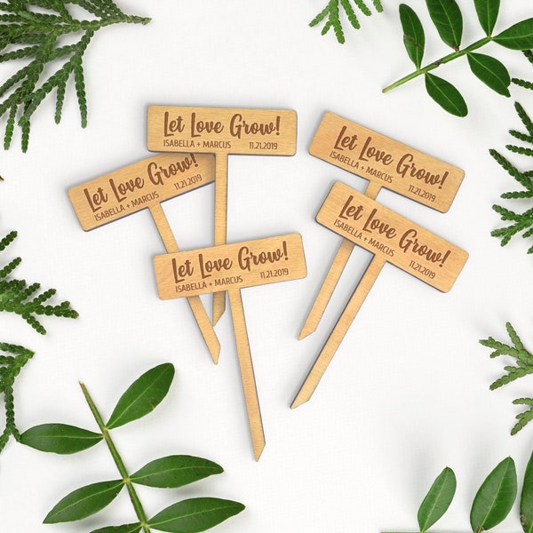 Let Love Grow Custom Party Favors Succulent Tags, Wedding Favors Custom Text Wood Planter Stakes