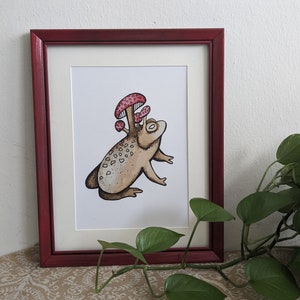Framed Mushroom Toad Art Print, Ink Pen Drawing, Organic Pen Drawing, Watercolor painting, Trippy art, Line Art, Mushroom art, framed art