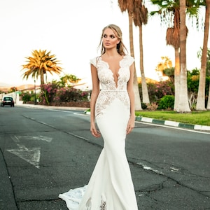 Designer Wedding dress White Lace Wedding dress Tight Wedding Dress Deep V Simple Beach Mermaid Wedding Dress - DANA
