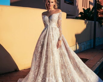 Fairy Ball Gown for Engagement & Ceremony - A Line Princess Wedding Dress in Sparkly Lace with Long Sleeves, Made in Ukraine - ADELE