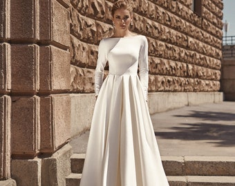 A Line Wedding Dress Long Sleeve White Dress in Crepe Civil Wedding Dress White Rehearsal Dinner Dress Modest Wedding Dress  - DELLA