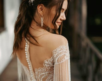 Custom Boho Wedding Dress with Fringe Bohemian A Line Gown in See Through Sparkly Lace Boho Bridal Shower Beach Bridal Gown KENDALL