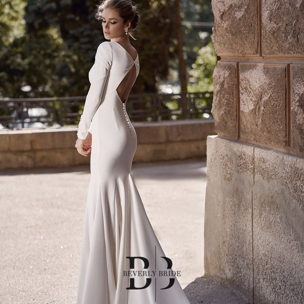 Chic Elegant Wedding Dress Long Sleeve Minimalist Simple Mermaid Wedding Dress for Reception Modest Couture Fitted Sheath Bridal Gown CARA