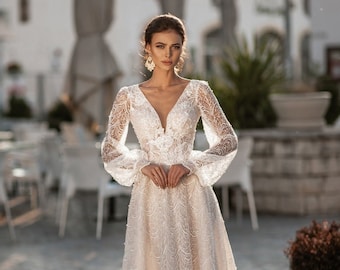 Long Sleeve Wedding Dress for Reception, Elope, Vow Renewal - Winter / Fall A Line Celestial Lace Bridal Gown - Trendy Sparkle Dress JANET