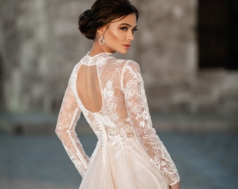 Unique Fairy Wedding Dress Floral Sparkle Lace Winter A Line Bridal Gown Cutout Long Sleeve Fall Turtle Neck Dress Vow Renewal ZARA