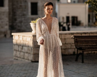 Bridal gown "Maya" | Designer Long Sleeve Modern Sexy Beach Wedding Dress | Bohemian Tulle wedding dress | Non traditional bridal robe