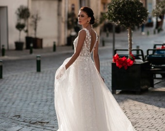 Tulle Wedding Dress Open Back Sleeveless A Line Sexy Wedding Dress Plus Size Custom Designer Bridal Gown MELANIE