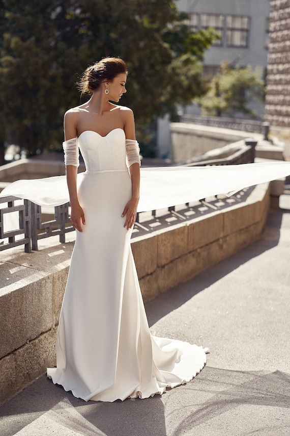 Elegant Off The Shoulder V-neck Wedding Dresses | A-line Pleated Bridal  Gowns | Simple bridal dresses, Simple wedding gowns, Wedding dresses satin