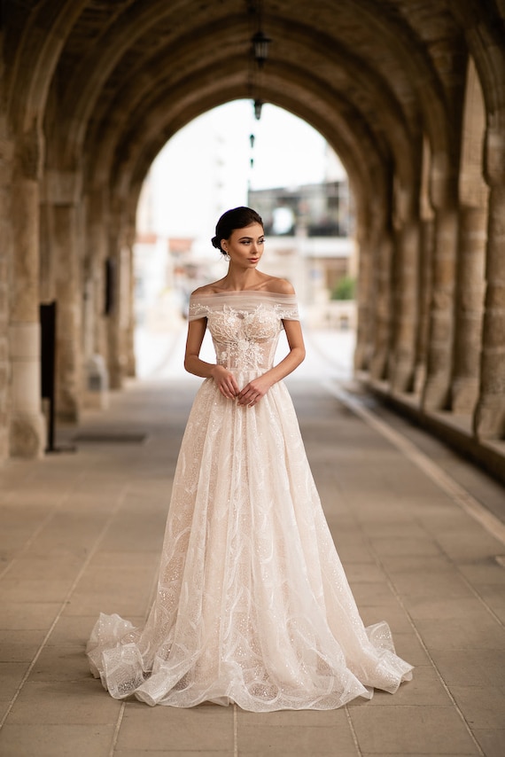 Glamorous Lace A-Line Wedding Dress with Off-the-Shoulder