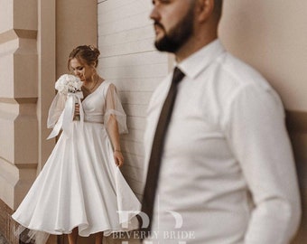 Rehearsal Dinner Dress for Bride Boho Maternity Dress Simple Modest Wedding Dress 1950s Style Tea Length Courthouse Wedding Dress  - CONNIE