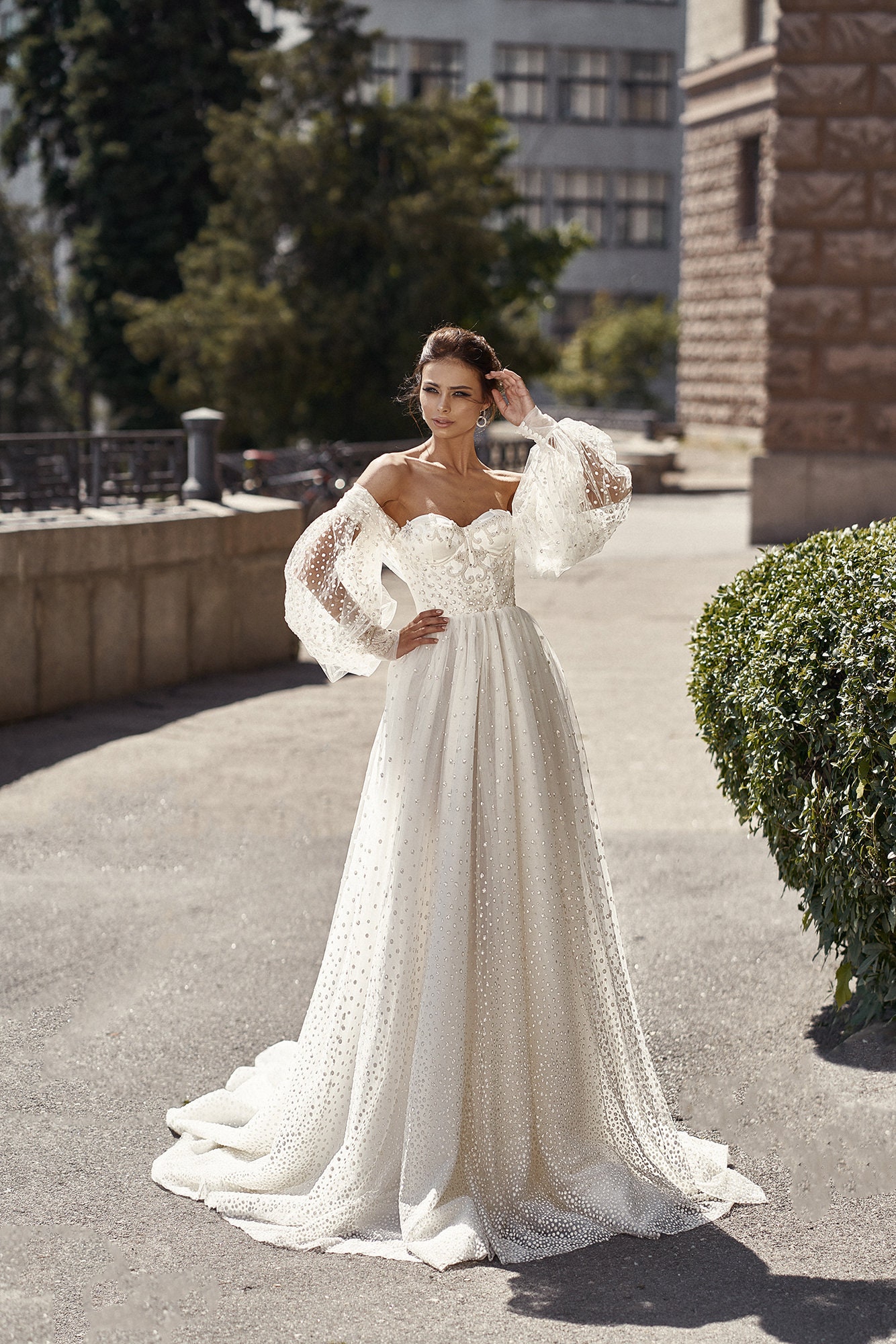 Corset Wedding Dress Long Voluminous Sleeves A Line Bridal Gown Sparkly  Lace Polka Dot Plus Size Modern Non Traditional Bridal MILA -  Denmark