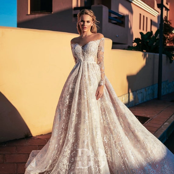 Charming off the shoulder queen style sleeves white sparkle ball gown  wedding dress with glitter tulle and train - various styles