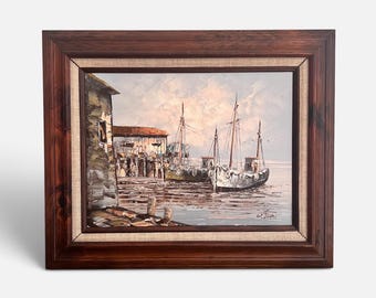 Vintage Original Oil Painting, Harbor Fishing Boats Coastal Seascape, W. Jones Signed, Nautical Wall Art