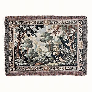 French Tapestry Woven Blanket: Verdure Woodland Scene, Cotton Wall Hanging