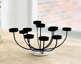 Vintage Iron Candelabra | Black Modern Candle Holder with White Marble Base